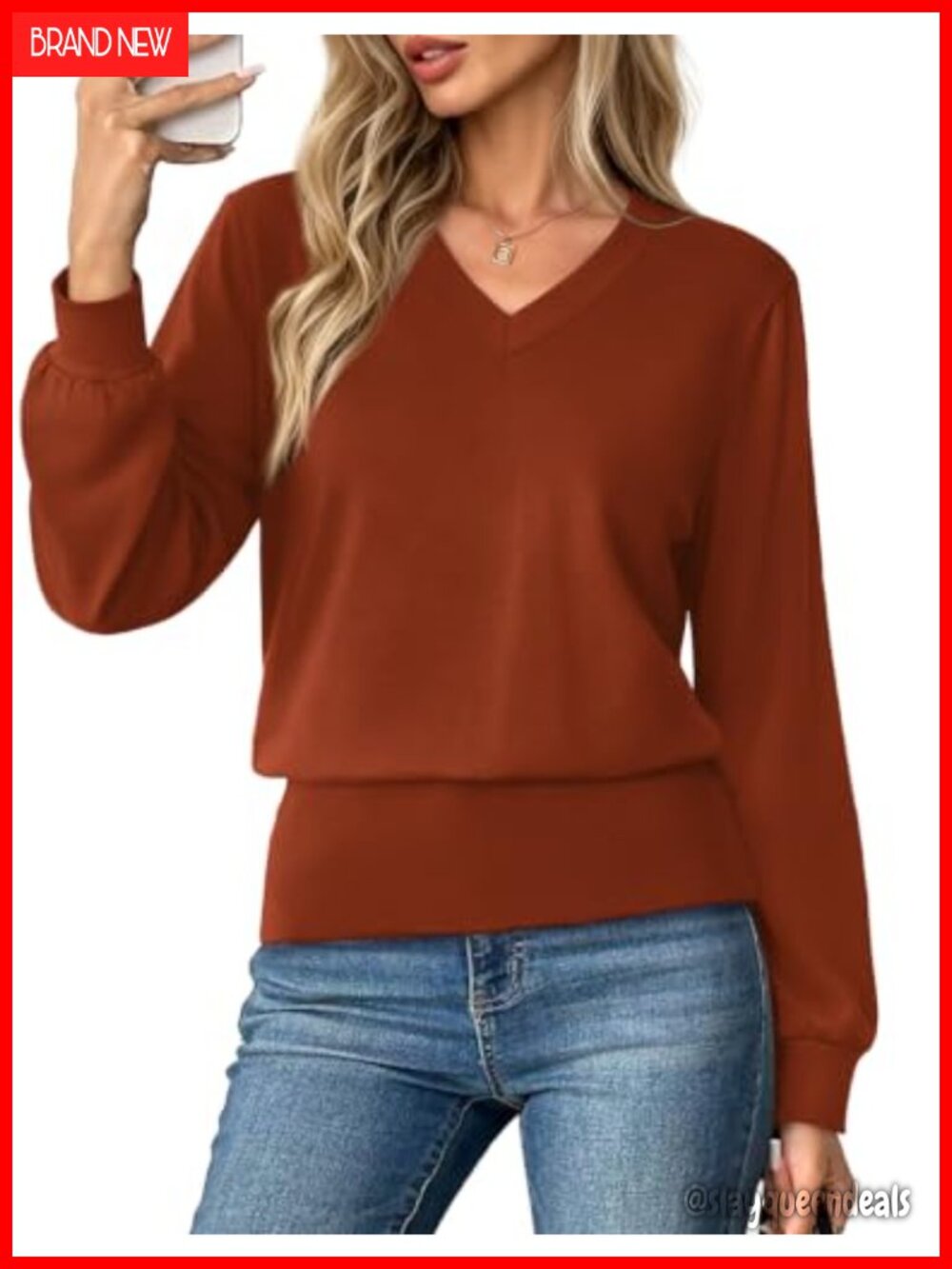 Long Sleeve V Neck Top Elastic Waist Pullover Lightweight Stretch Casual Fall